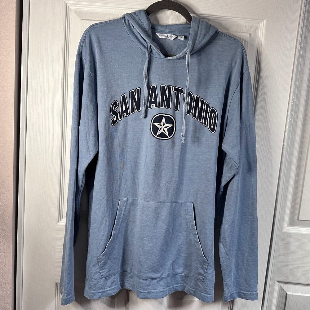 Camp David Mens Medium Light Blue Long Sleeve Hooded San Antonio Graphic T-shirt